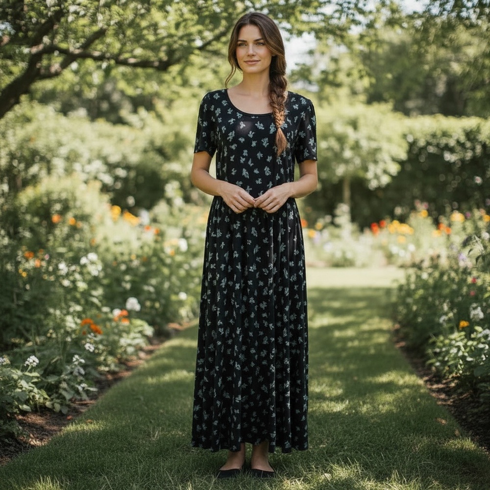 NWT LuLaRoe Riley Maxi Dress Black with White Floral Pattern Sz Large